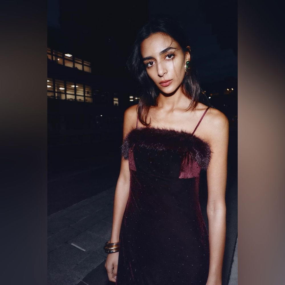 ZARA VELVET BEADED FAUX FUR MIDI DRESS - Picture 10 of 13